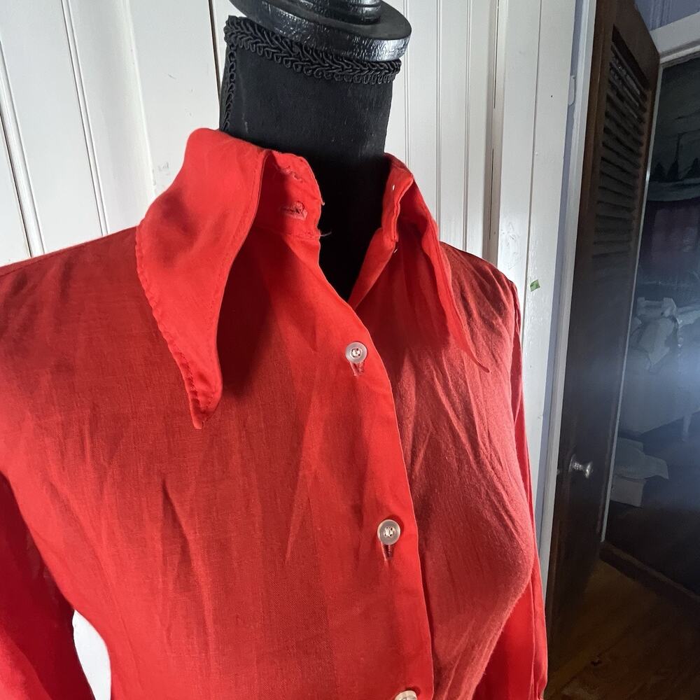 Vintage 70s Rosanna 3pc Knit Skirt Vest Set Red Dagger Collar Bishop Sleeve Sz S - Picture 16 of 16